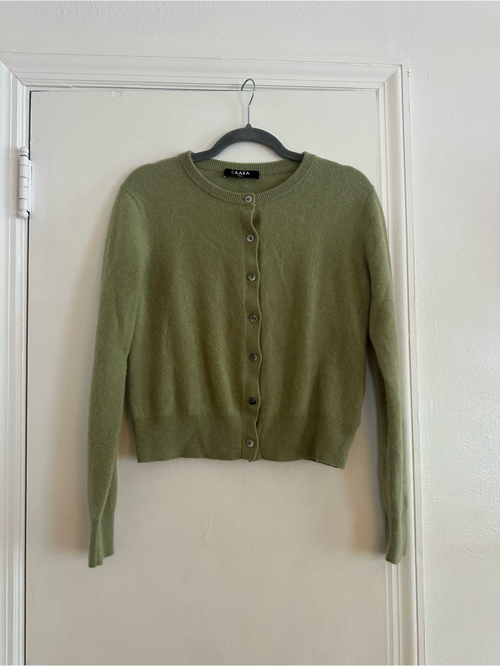 Sarah Olive Green Button-Front Cashmere Sweater